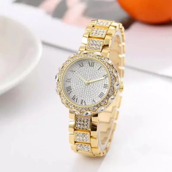 Gold Tone Bling Stones Ladies Watch Roman Numbers Iced Out Watch Rose Gold Two Tone Roman Numerals Iced Out Lab-Grown Diamond  main image 3
